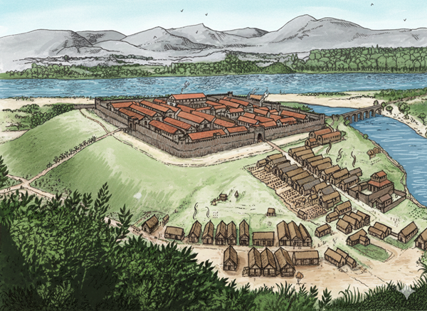 drawing of a roman fort on a hilltop with a small town beside it. 